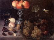 Georg Flegel Still life of grapes on a pewter dish,together with peaches,nuts,a glass roemer and a silver tazza containing apples and pears,and a blue-tit France oil painting artist